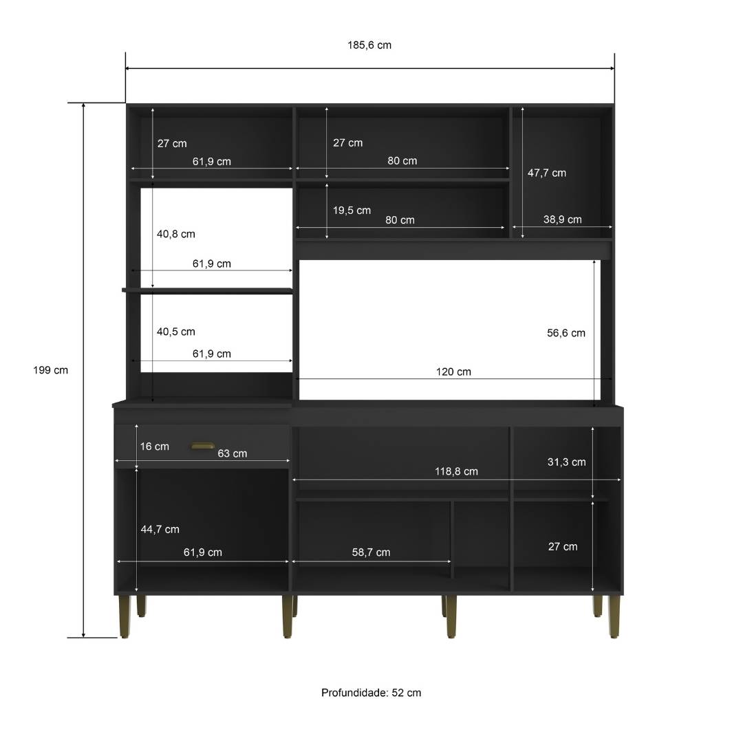 Cozinha Compacta Celine 186,5cm 8 Portas 1 Gaveta Mdp Grafite / Cinza S/tampo C/ Nicho P/ Micro-ondas e Forno Elétrico 399