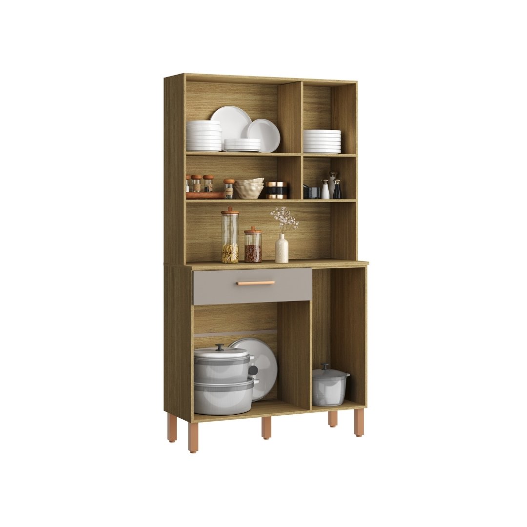 Kit de Cozinha 287 90cm 6 Portas 1 Gaveta Mdp Louro Freijó / Cinza C/ Tampo