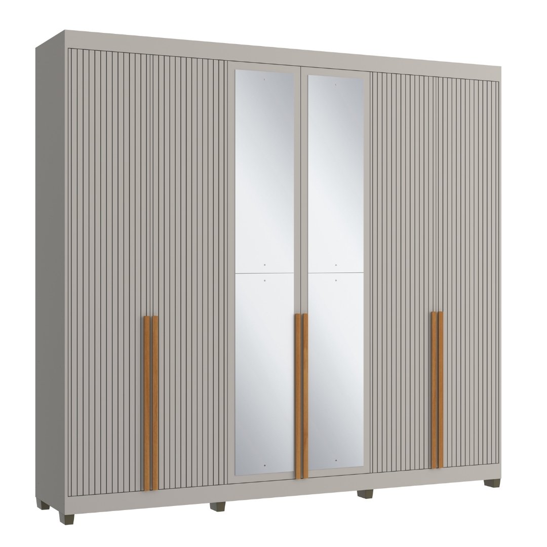Roupeiro Newton 250cm 6 Portas 4 Gavetas Mdf Cinza / Cinza Puxador Nature Grafiatto C/ Espelho 517