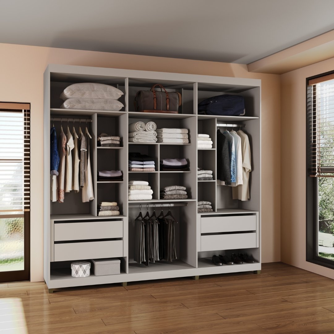 Roupeiro Newton 250cm 6 Portas 4 Gavetas Mdf Cinza / Cinza Puxador Cinza Grafiatto C/ Espelho 517