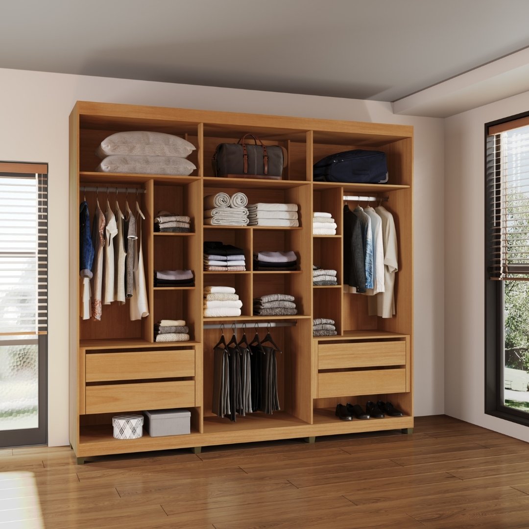 Roupeiro Newton 250cm 6 Portas 4 Gavetas Mdf Nature / Champanhe Puxador Nature Grafiatto C/ Espelho 517