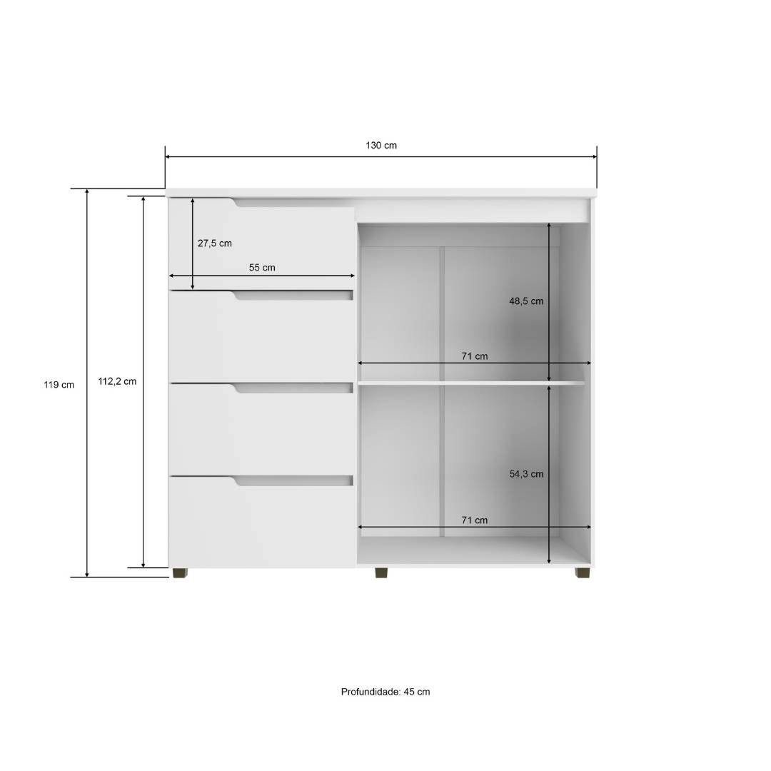 Cômoda Línea 130cm 2 Portas 4 Gavetas Mdf Branco / Branco 523