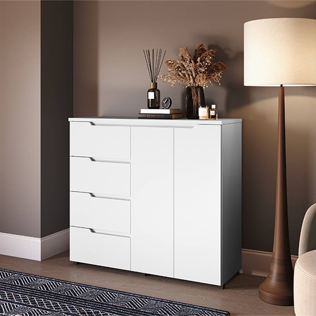 Cômoda Línea 130cm 2 Portas 4 Gavetas Mdf Branco / Branco 523