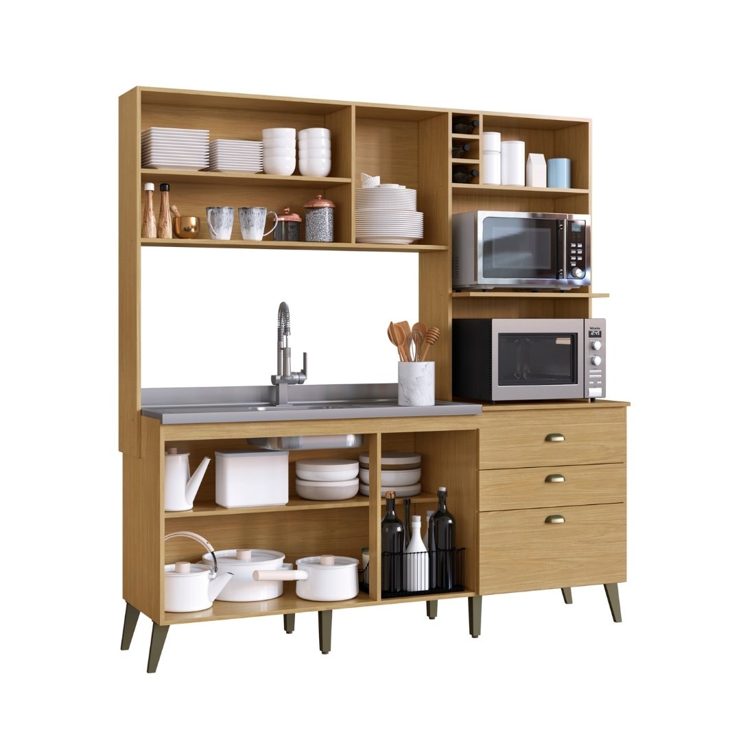 Cozinha Compacta Donna 186,5cm 8 Portas 2 Gavetas Mdp Louro Freijó / Off White C/ Nicho P/ Micro-ondas e Forno Elétrico e Adega 299