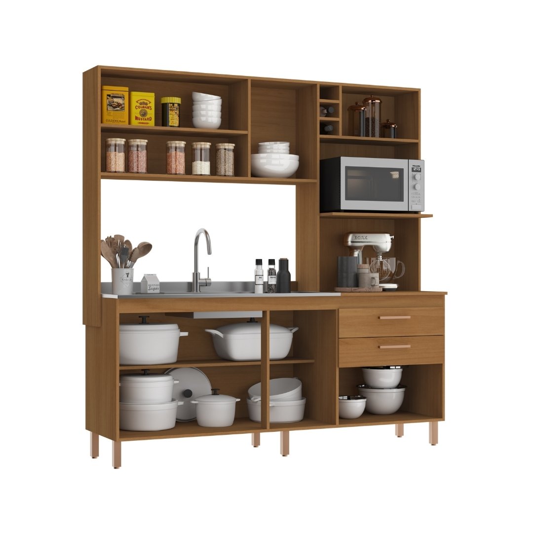 Cozinha Compacta Blume 186,5cm 8 Portas 2 Gavetas Mdp Nature / Champanhe C/ Nicho P/ Micro-ondas e Forno Elétrico e Adega 172