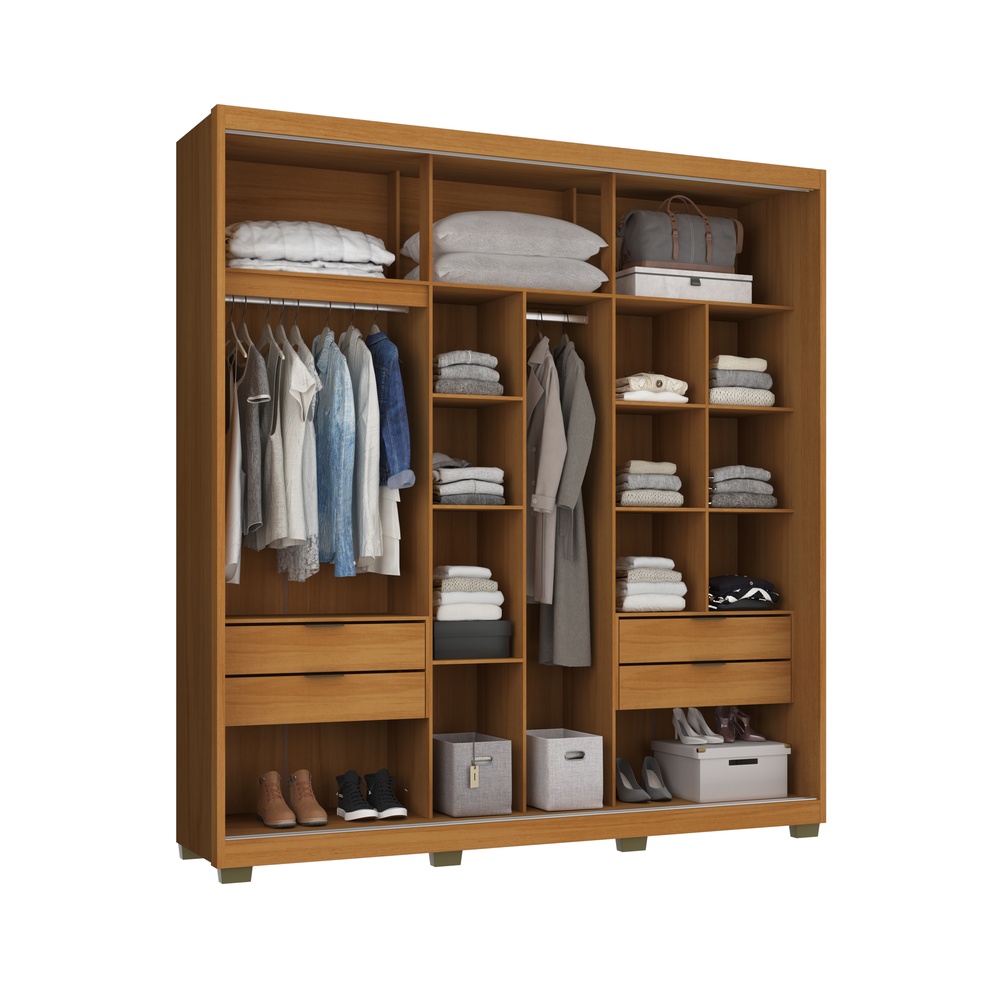 Roupeiro Lúmen 220cm 2 Portas 4 Gavetas Mdf Nature / Nature / Champanhe  C/ Grafiatto C/ Espelho 526