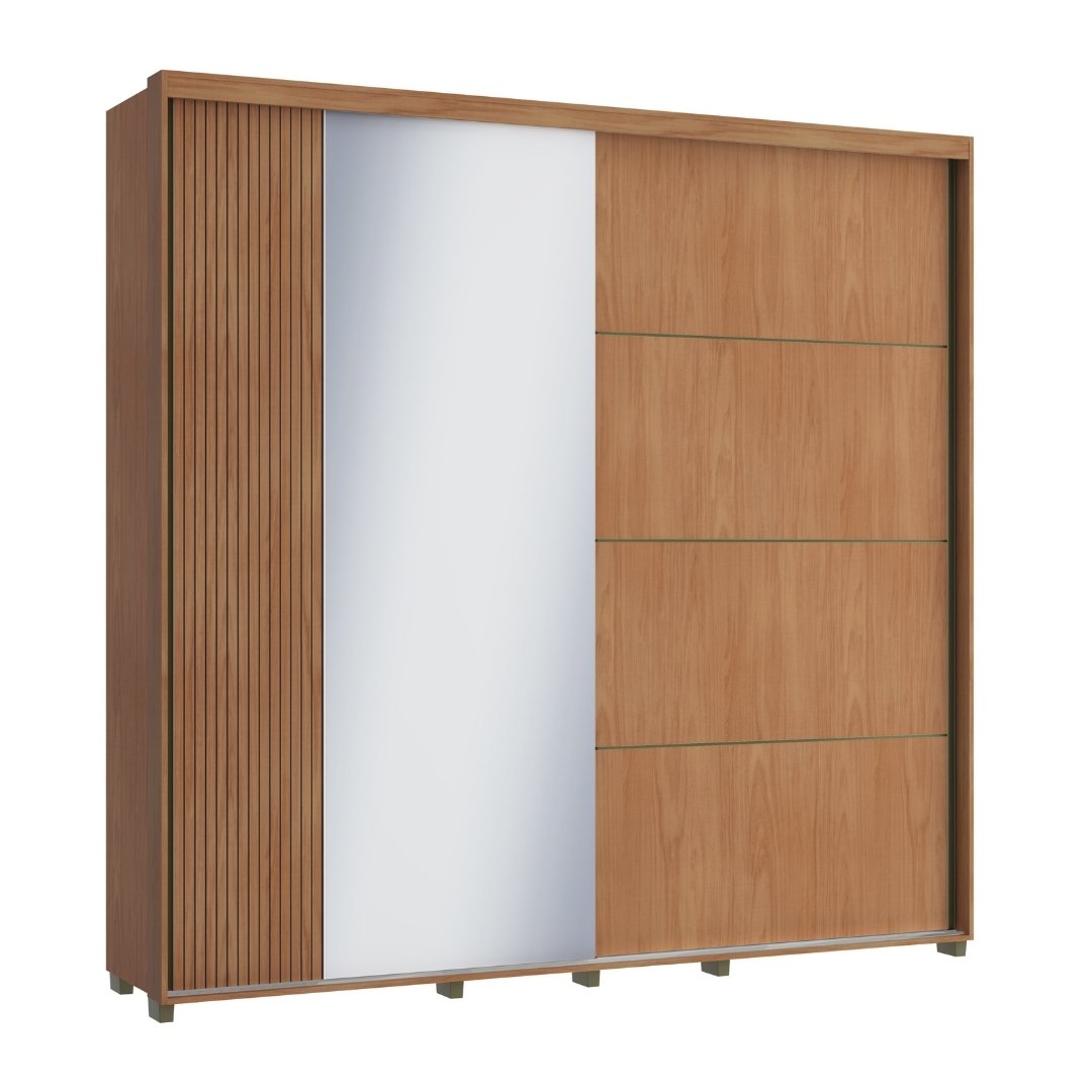 Roupeiro Tesla 240cm 2 Portas 4 Gavetas Mdf Nature / Nature Grafiatto C/ Espelho 501