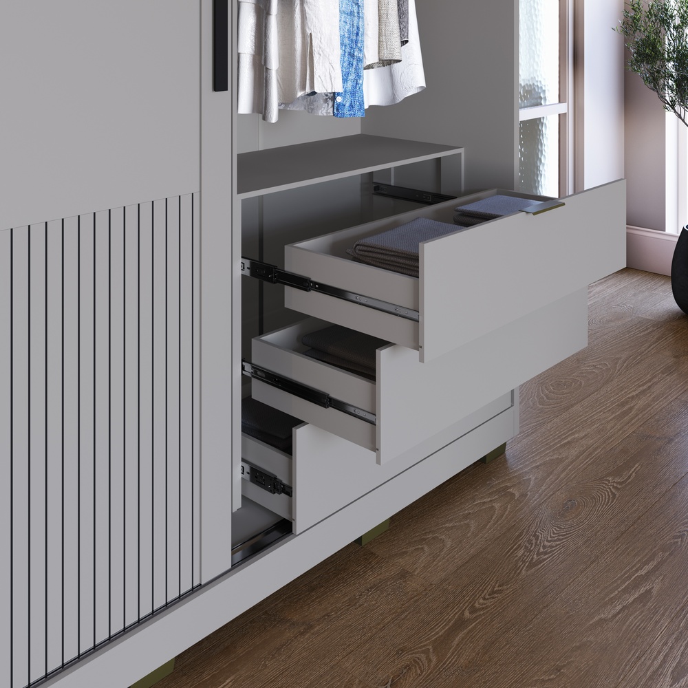 Roupeiro Sírus 170cm 2 Portas 3 Gavetas Mdf Cinza / Cinza C/ Grafiatto C/ Espelho 527