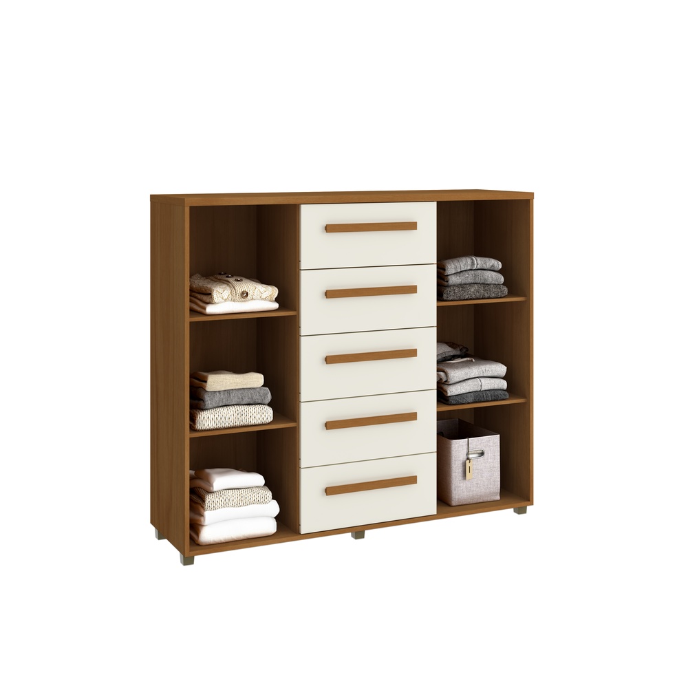 Cômoda Strauss 135cm 2 Portas 5 Gavetas Mdf Nature / Champanhe 528