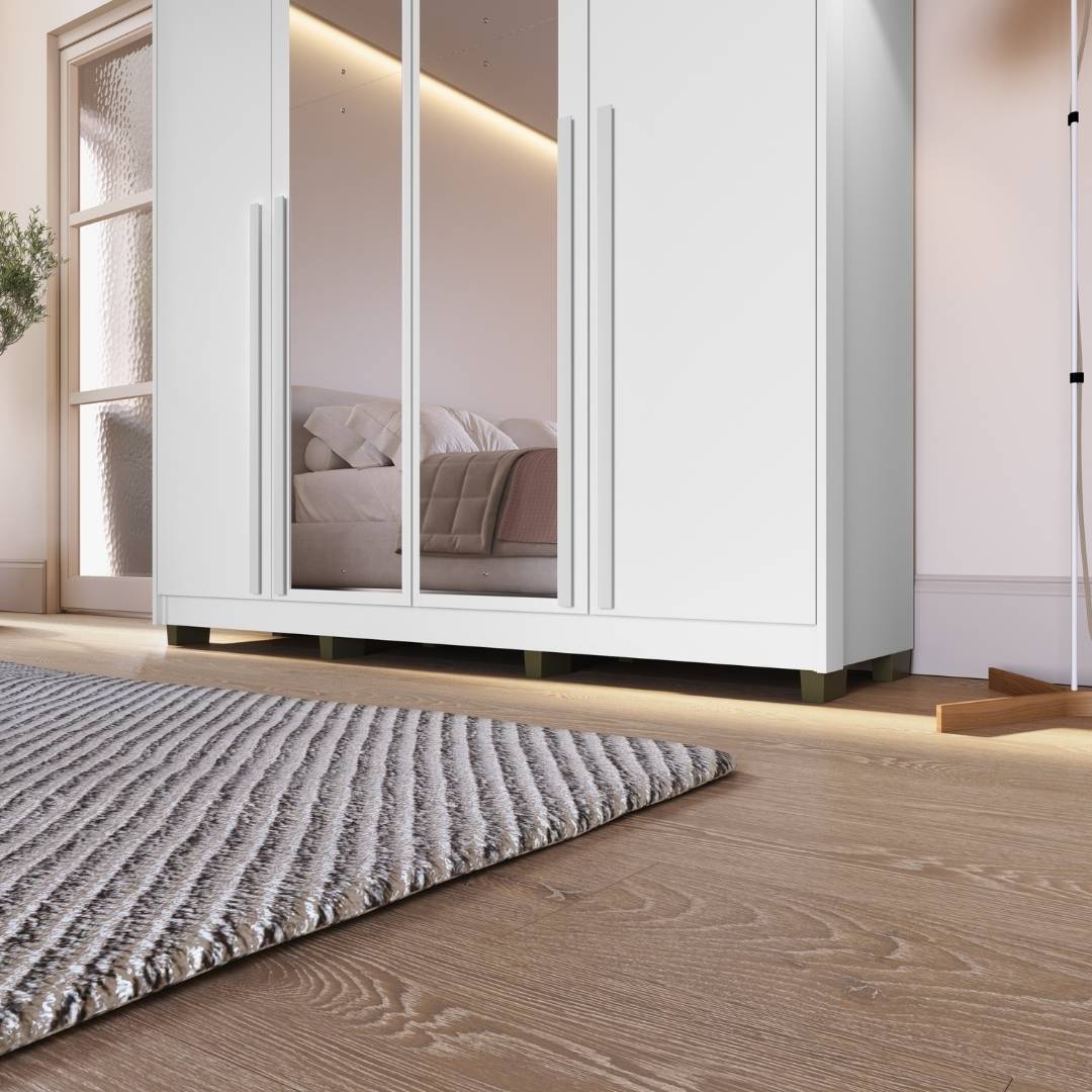 Roupeiro Órion 168cm 4 Portas 2 Gavetas Mdf Branco / Branco  C/ Espelho 522