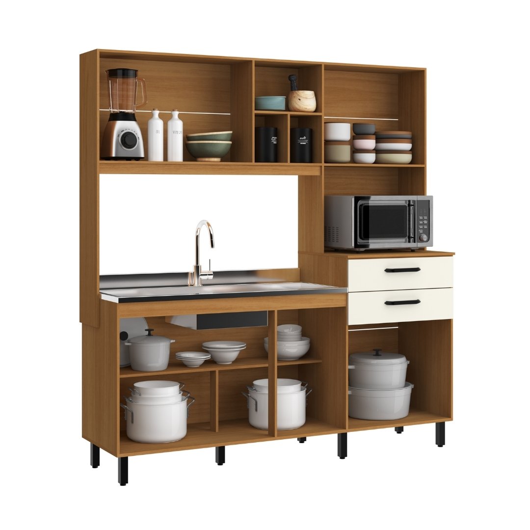 Cozinha Compacta Tainá 185,2cm 8 Portas 2 Gavetas Mdp Nature / Champanhe S/tampo C/ Nicho P/ Micro-ondas 597