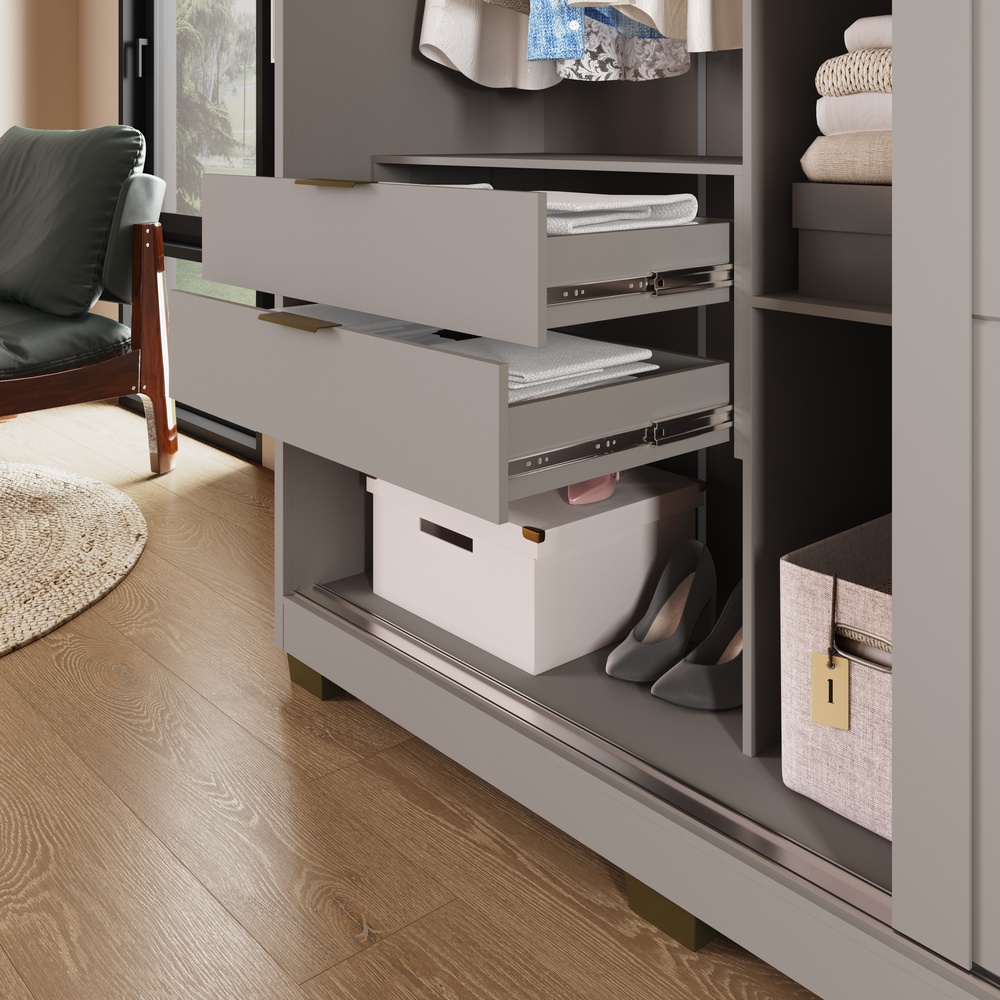 Roupeiro Lúmen 220cm 2 Portas 4 Gavetas Mdf Cinza / Cinza C/ Grafiatto  C/ Espelho 526