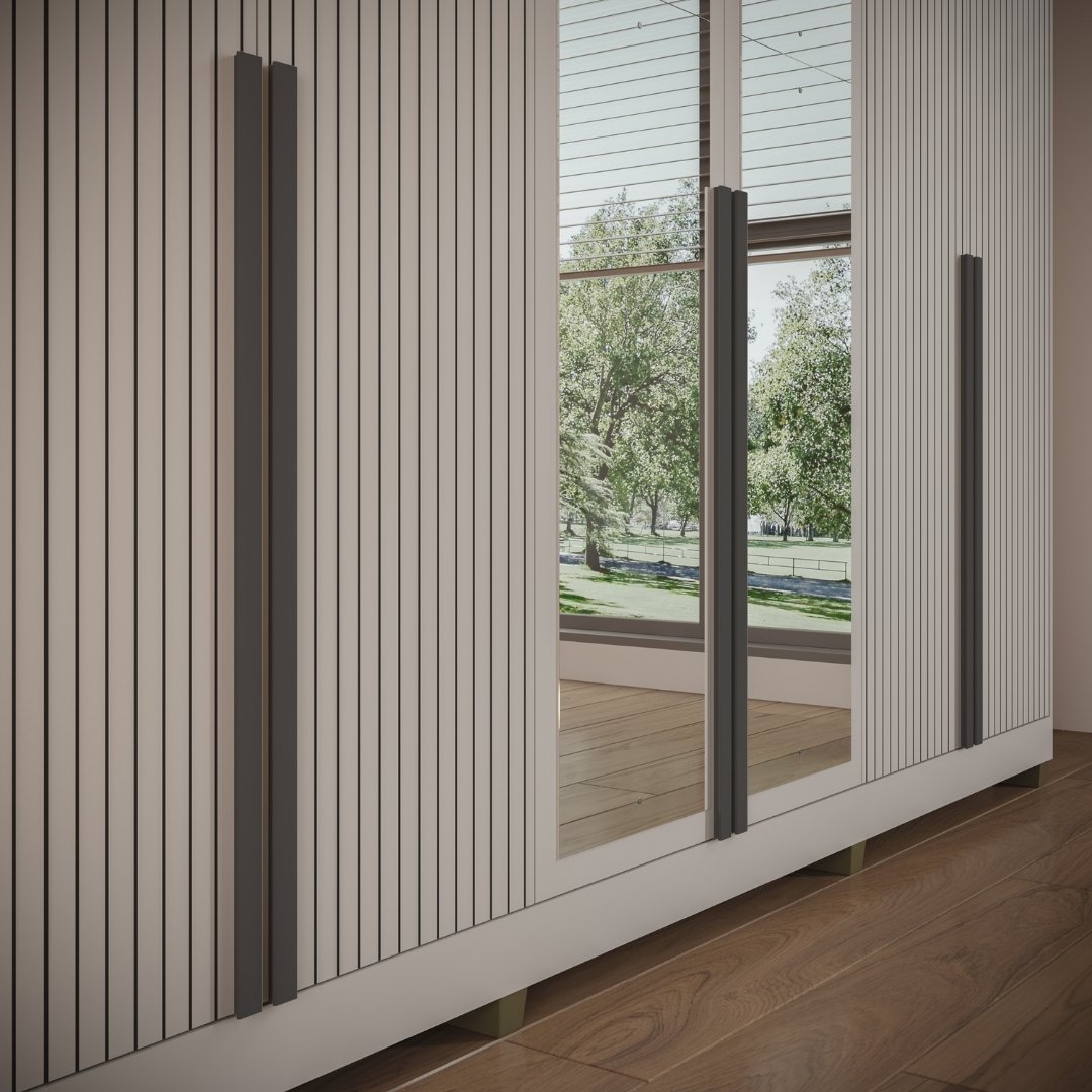 Roupeiro Newton 250cm 6 Portas 4 Gavetas Mdf Cinza / Cinza Puxador Cinza Grafiatto C/ Espelho 517