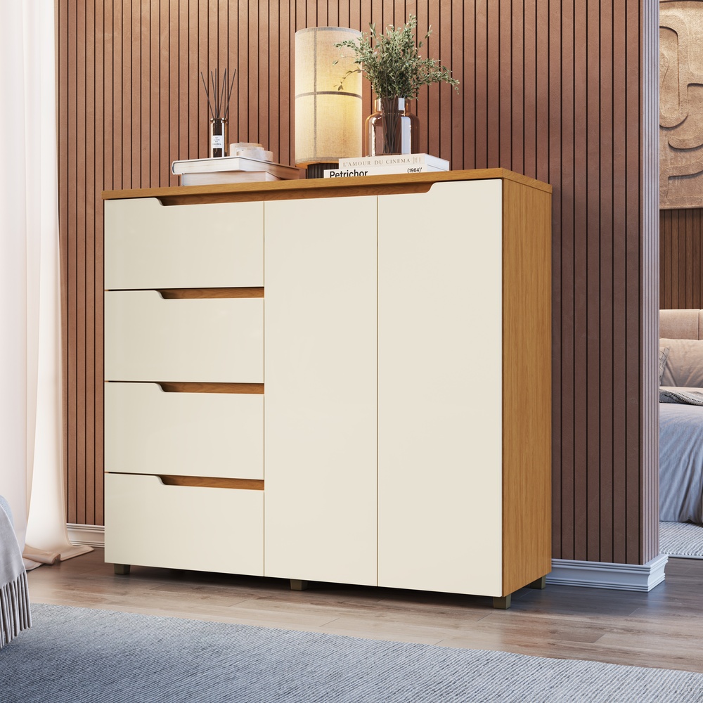 Cômoda Línea 130cm 2 Portas 4 Gavetas Mdf Nature / Champanhe 523