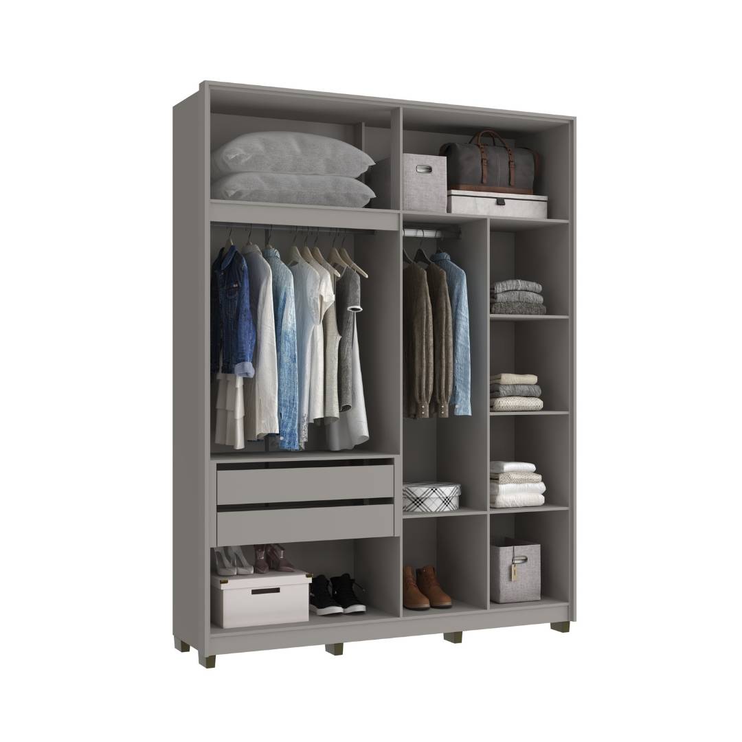 Roupeiro Órion 168cm 4 Portas 2 Gavetas Mdf Cinza / Cinza C/ Espelho 522