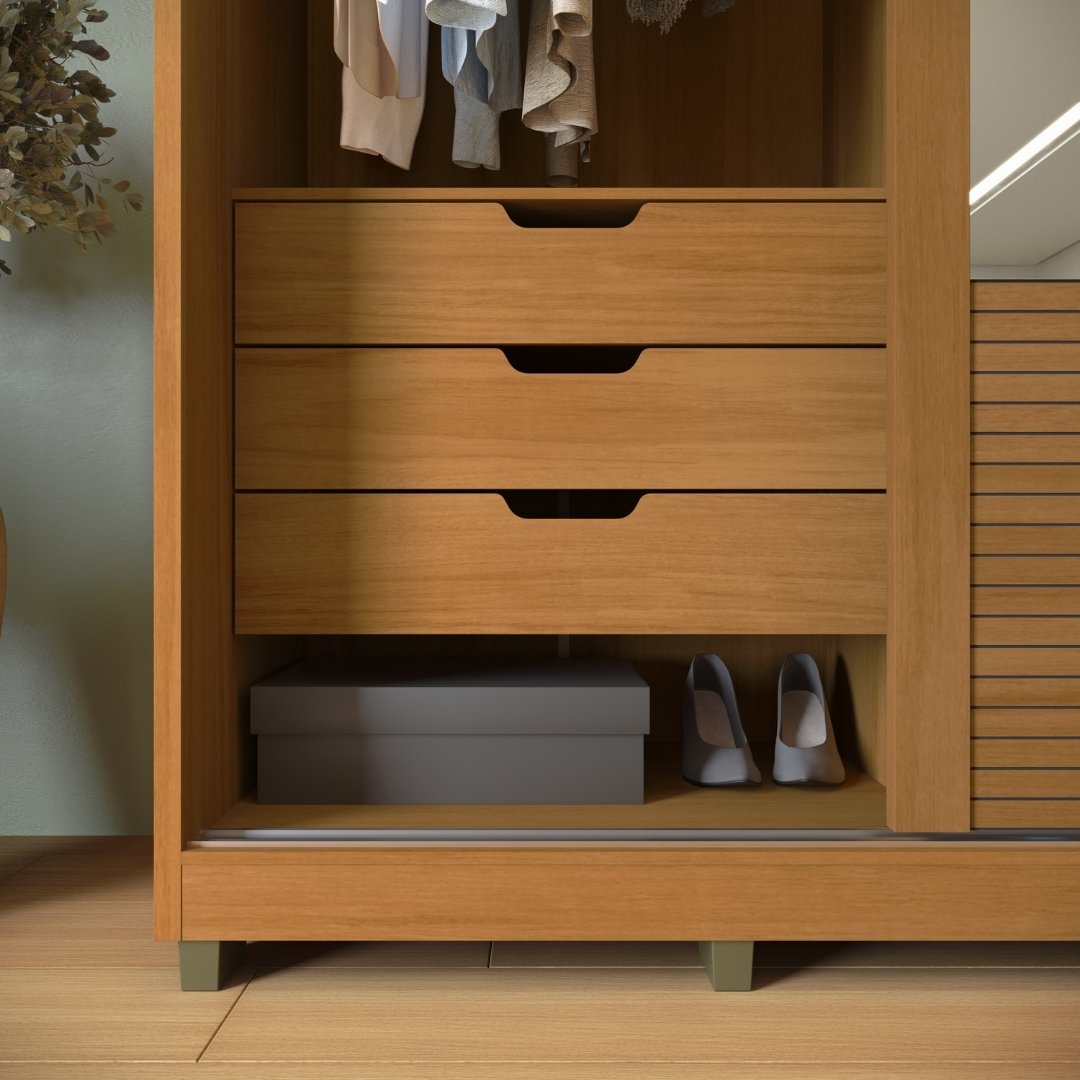 Roupeiro Thales 150cm 2 Portas 3 Gavetas Mdf Nature / Nature Grafiatto C/ Espelho 521