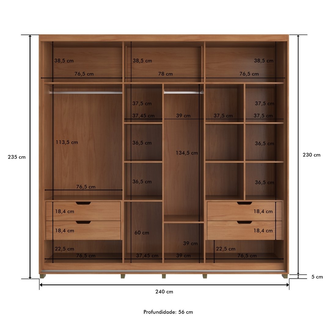 Roupeiro Tesla 240cm 2 Portas 4 Gavetas Mdf Nature / Nature Grafiatto C/ Espelho 501