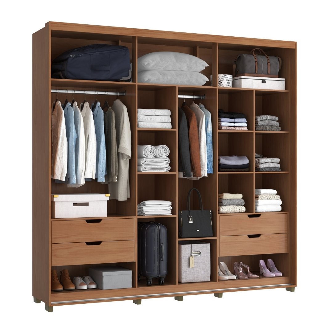 Roupeiro Tesla 240cm 2 Portas 4 Gavetas Mdf Nature / Nature Grafiatto C/ Espelho 501