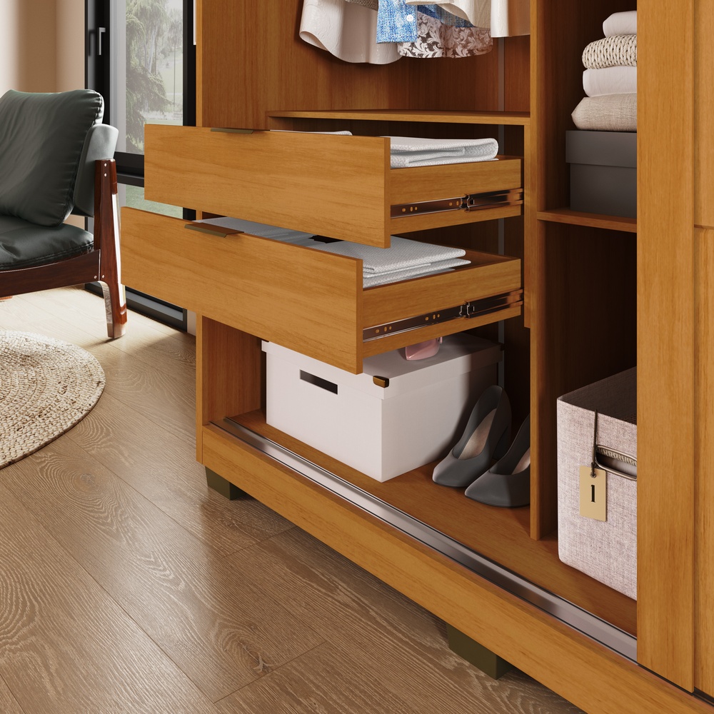 Roupeiro Lúmen 220cm 2 Portas 4 Gavetas Mdf Nature / Nature / Champanhe  C/ Grafiatto C/ Espelho 526