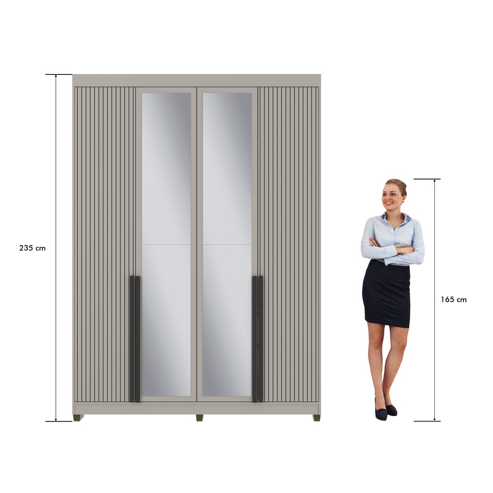 Roupeiro Newton 168cm 4 Portas 2 Gavetas Mdf Cinza / Cinza Grafiatto C/ Espelho 524