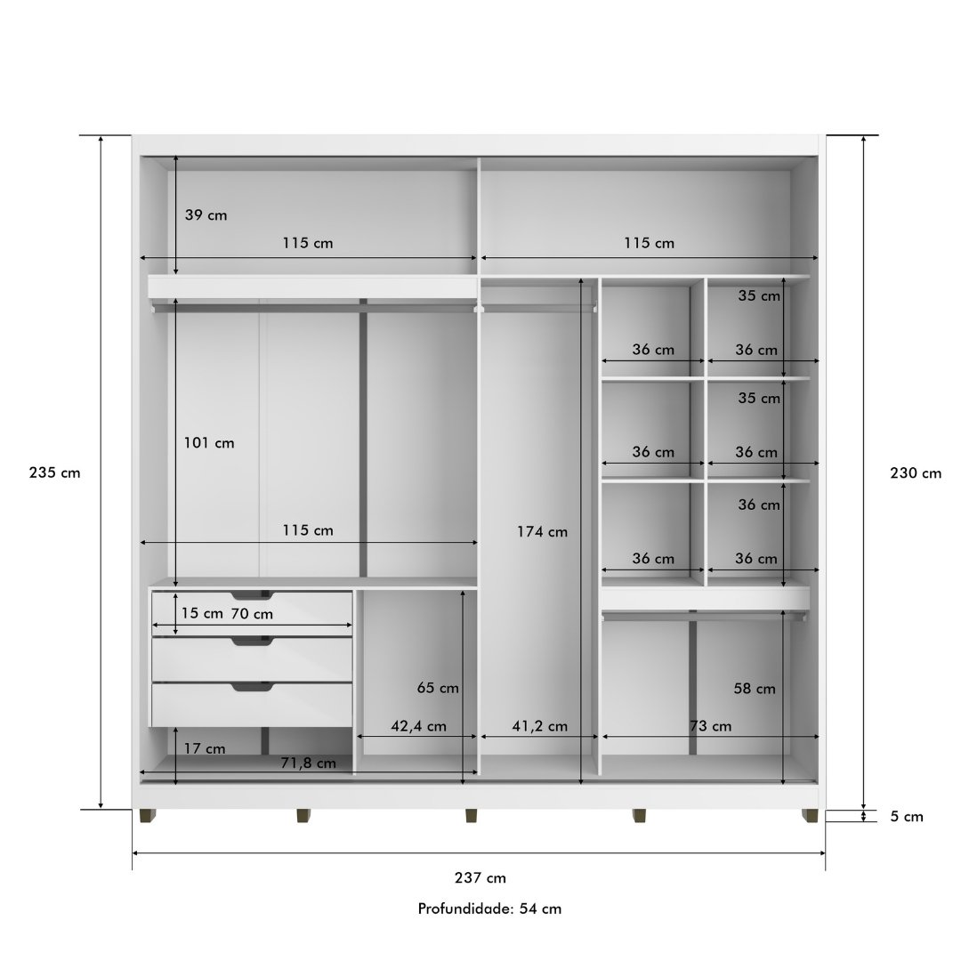 Roupeiro Malthus 237cm 2 Portas 3 Gavetas Mdf Branco / Branco Grafiatto S/ Espelho 520