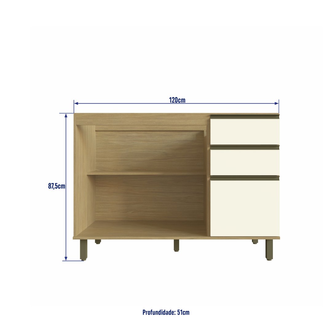 Balcão P/ Pia 120cm 2 Portas 3 Gavetas Mdf Louro Freijó / Champanhe Linha Nova Dubai 3907