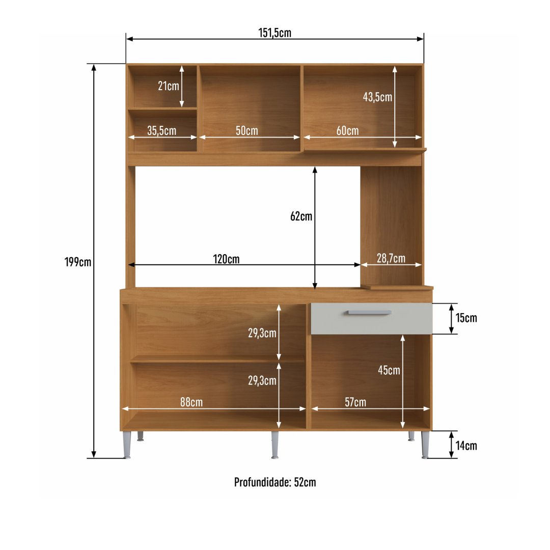 Cozinha Compacta Mali 151,5cm 4 Portas 1 Gaveta Mdp Nature / Off White S/tampo C/ Nicho P/ Micro-ondas 184