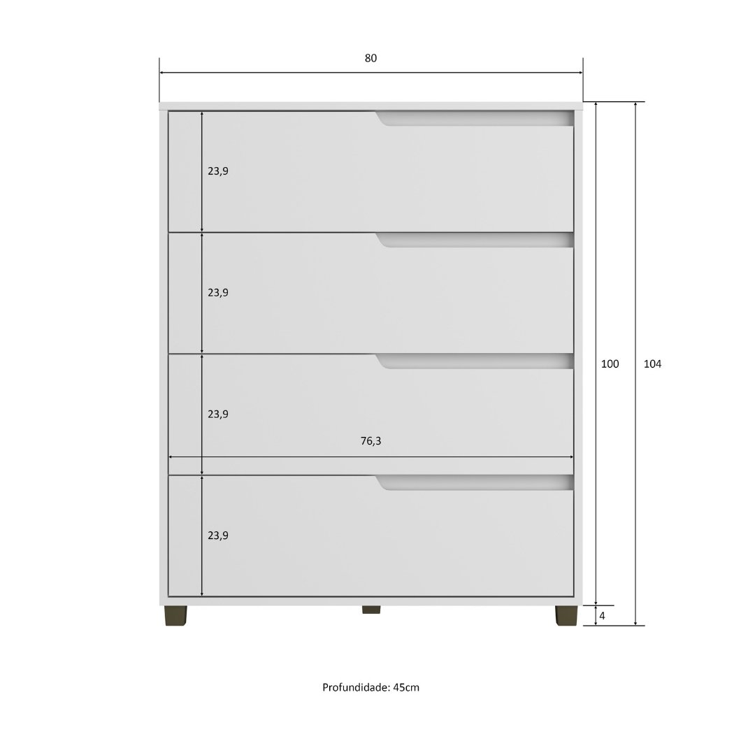 Cômoda Monet 80cm 4 Gavetas Mdf Branco / Branco 510