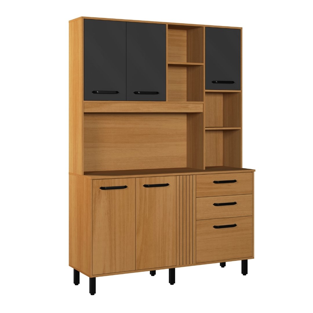 Kit de Cozinha Luna 140cm 6 Portas 2 Gavetas Mdp Nature / Grafite C/ Tampo 596