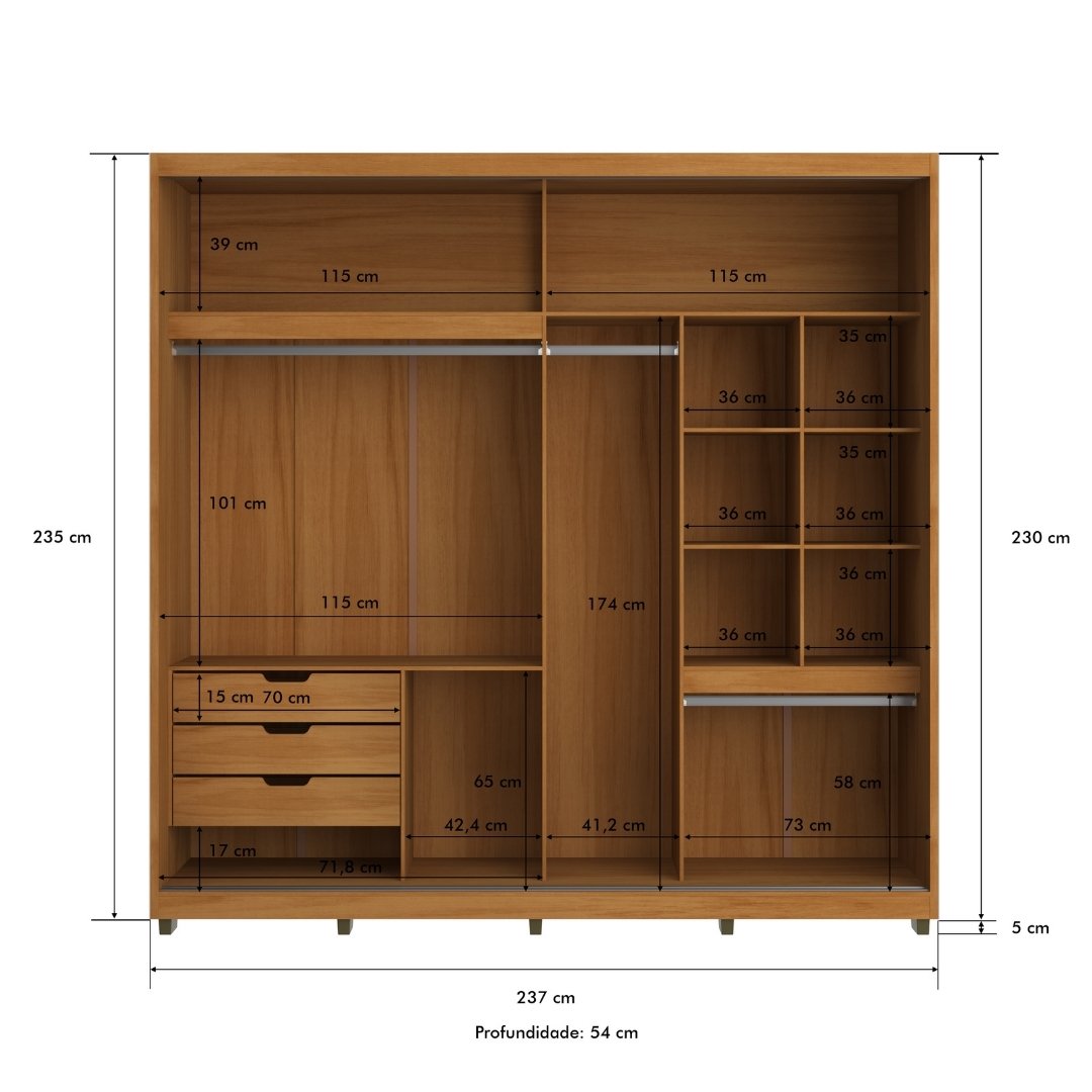 Roupeiro Malthus 237cm 2 Portas 3 Gavetas Mdf Nature / Nature Grafiatto S/ Espelho 520