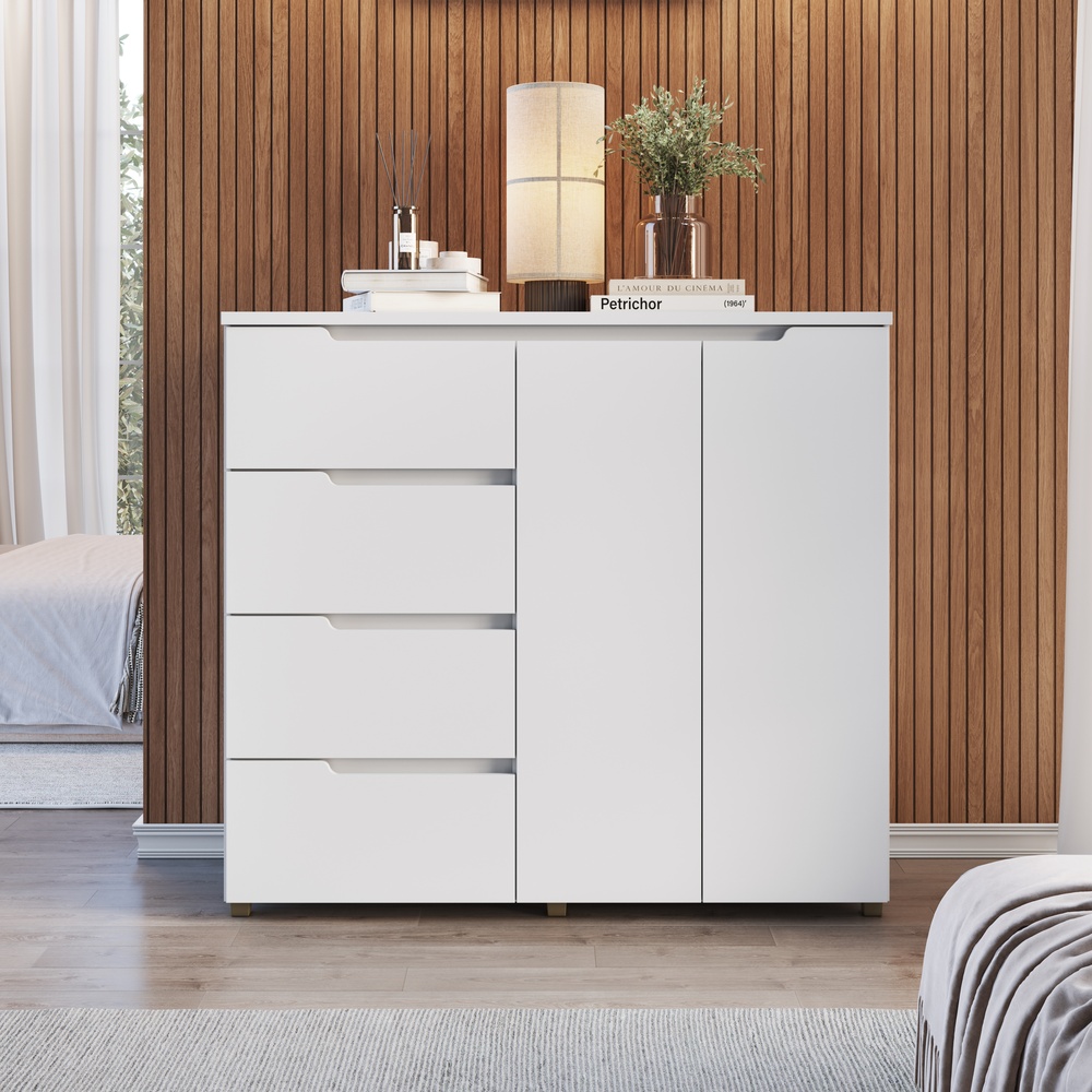 Cômoda Línea 130cm 2 Portas 4 Gavetas Mdf Branco / Branco 523