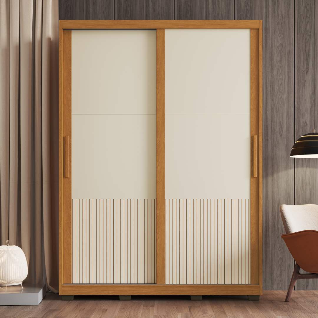 Roupeiro Sírus 170cm 2 Portas 3 Gavetas Mdf Nature / Nature / Champanhe  C/ Grafiatto S/ Espelho 527