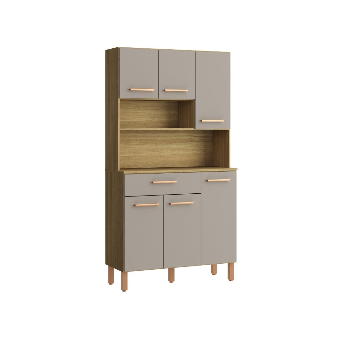 Kit de Cozinha 287 90cm 6 Portas 1 Gaveta Mdp Louro Freijó / Cinza C/ Tampo