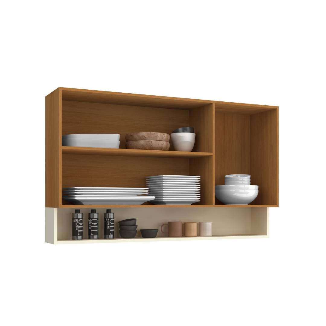 Armário Aéreo Alto 120cm 1 Porta Basculante Vidro Reflecta Mdf Nature / Champanhe C/ Nicho Externo Linha Ibiza 4319