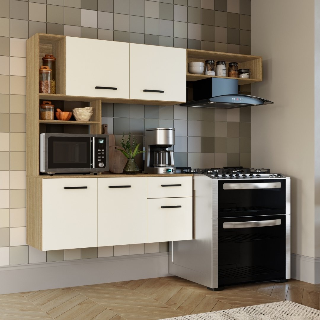 Kit de Cozinha Clover 1792,2cm 5 Portas 1 Gaveta Mdp Louro Freijó / Champanhe C/ Tampo Suspenso 599