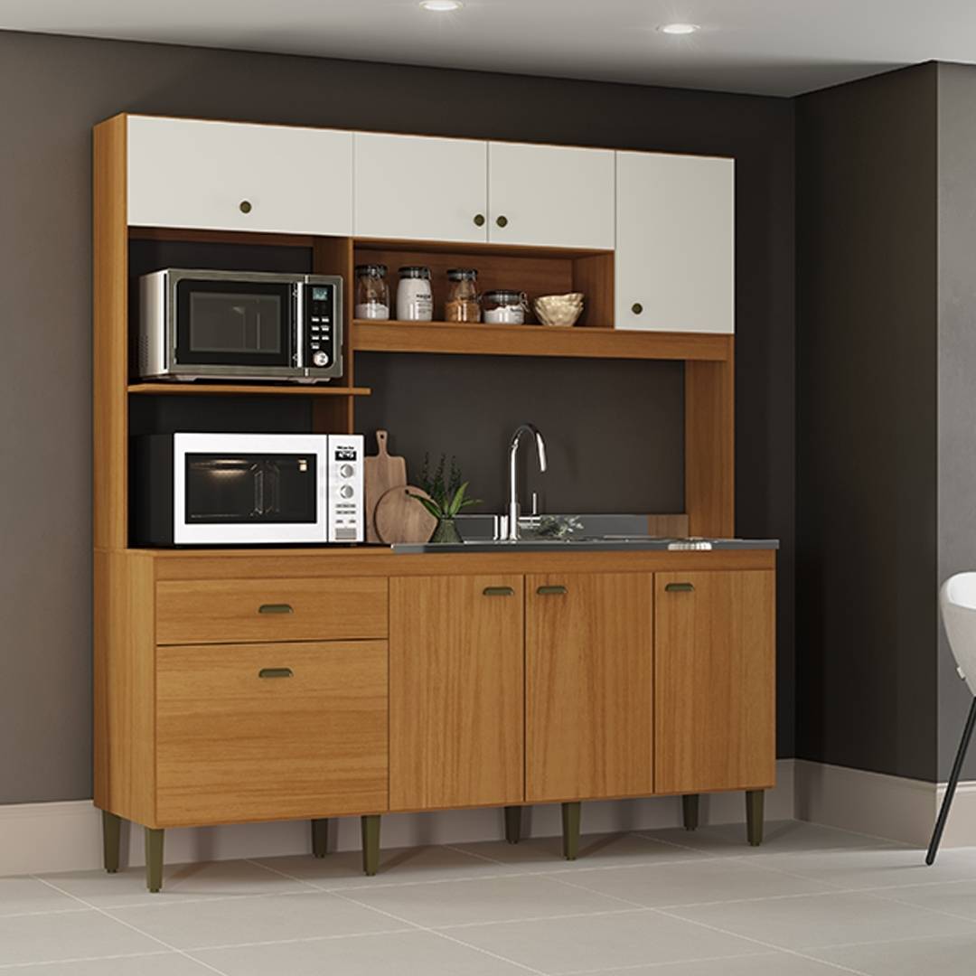 Cozinha Compacta Celine 186,5cm 8 Portas 1 Gaveta Mdp Nature / Champanhe S/tampo C/ Nicho P/ Micro-ondas e Forno Elétrico 399