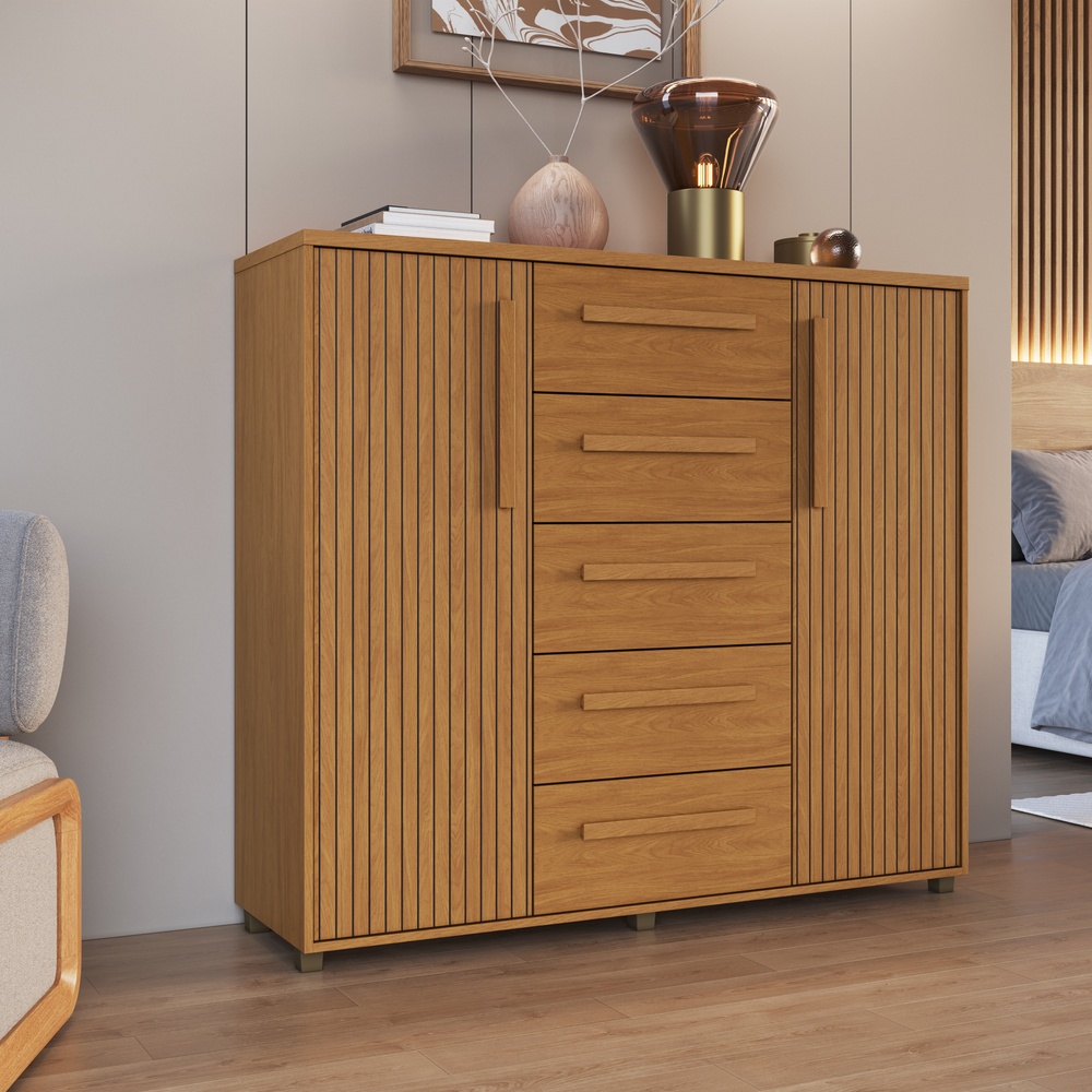 Cômoda Strauss 135cm 2 Portas 5 Gavetas Mdf Nature / Nature 528