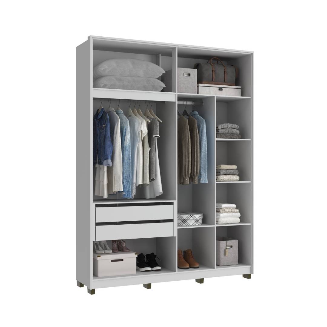 Roupeiro Órion 168cm 4 Portas 2 Gavetas Mdf Branco / Branco  C/ Espelho 522