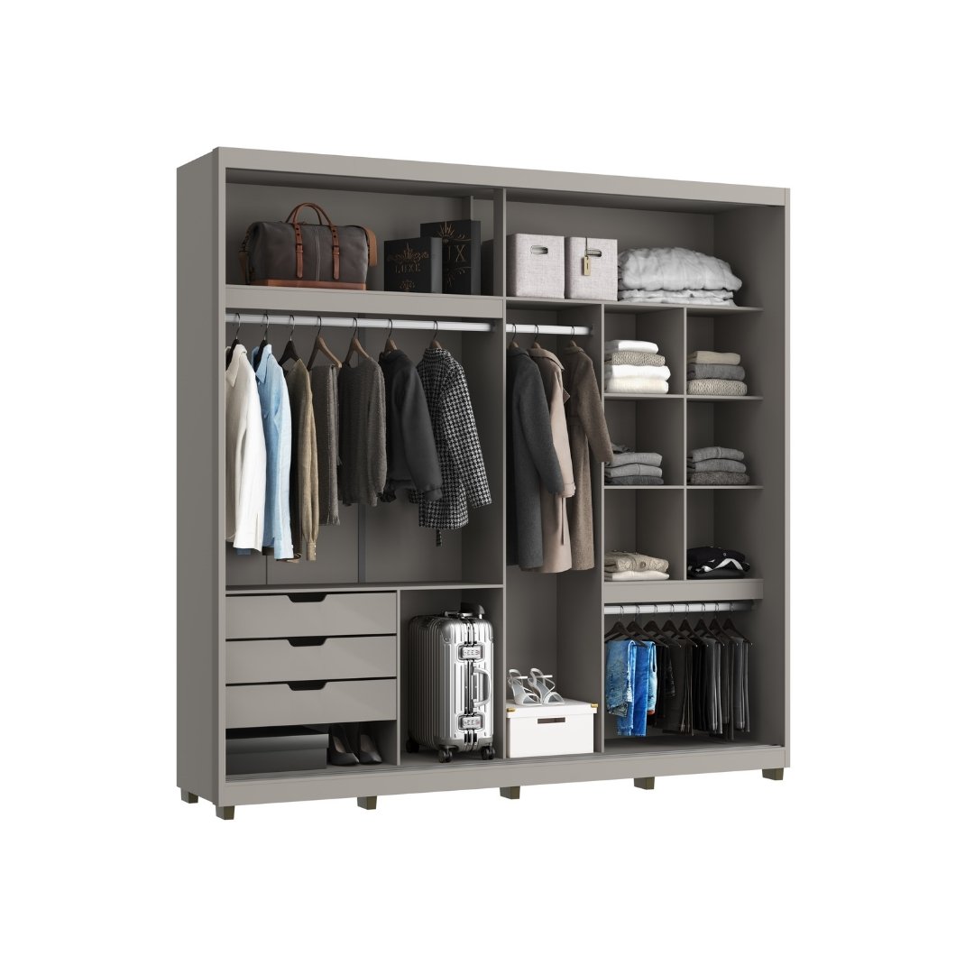 Roupeiro Malthus 237cm 2 Portas 3 Gavetas Mdf Cinza / Cinza Grafiatto C/ Espelho 520