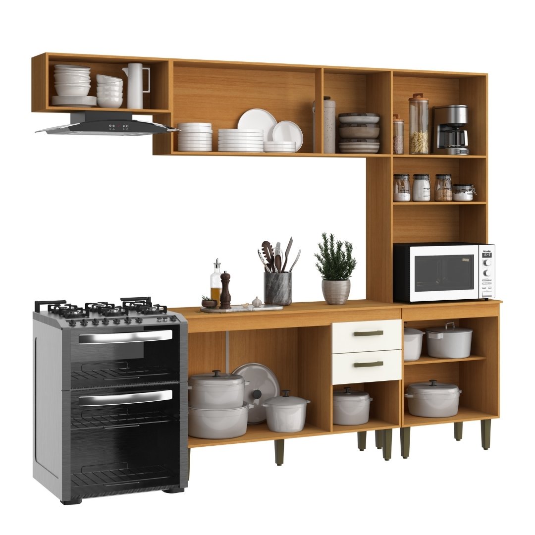 Kit de Cozinha Holly 240cm 9 Portas 2 Gavetas Mdp Nature / Champanhe C/ Tampo Espaço P/ Micro-ondas 615