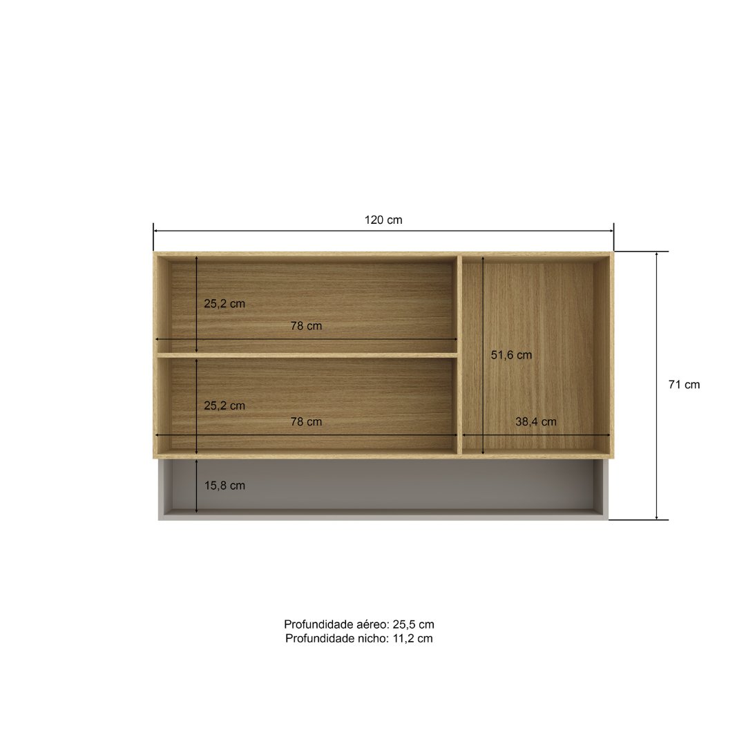 Armário Aéreo Alto 120cm 3 Portas Mdf Louro Freijó / Cinza C/ Nicho Externo Linha Ibiza 4311