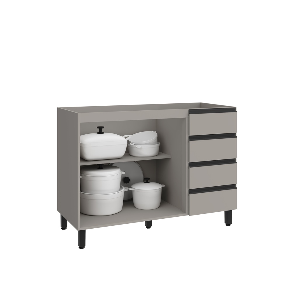 Balcão P/ Pia 120cm 2 Portas 4 Gavetas Mdf Cinza / Cinza Linha Alma 4407