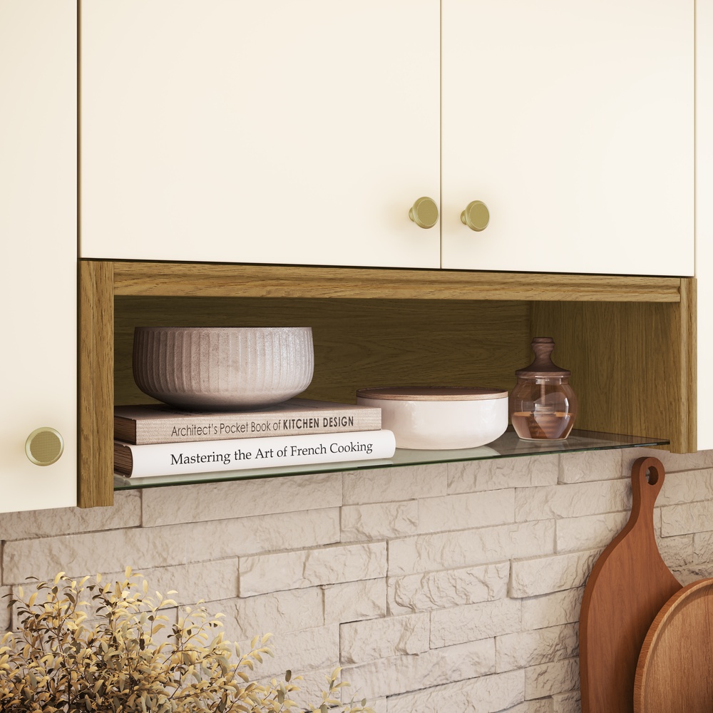 Armário Aéreo Alto 120cm 3 Portas Mdf Mascavo / Champanhe C/ Nicho Externo Prateleira de Vidro Linha Mira 4611