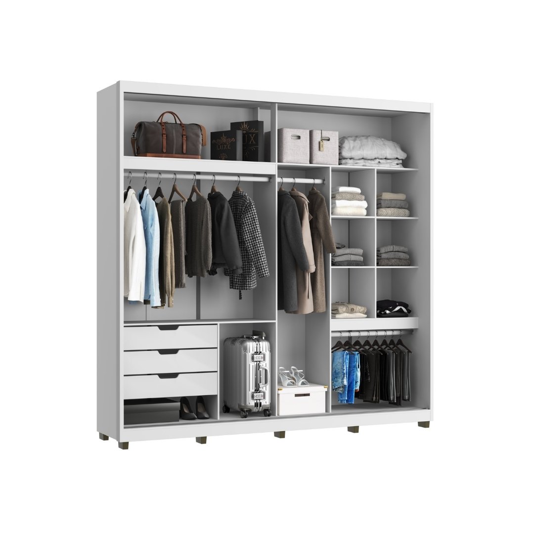 Roupeiro Malthus 237cm 2 Portas 3 Gavetas Mdf Branco / Branco Grafiatto S/ Espelho 520