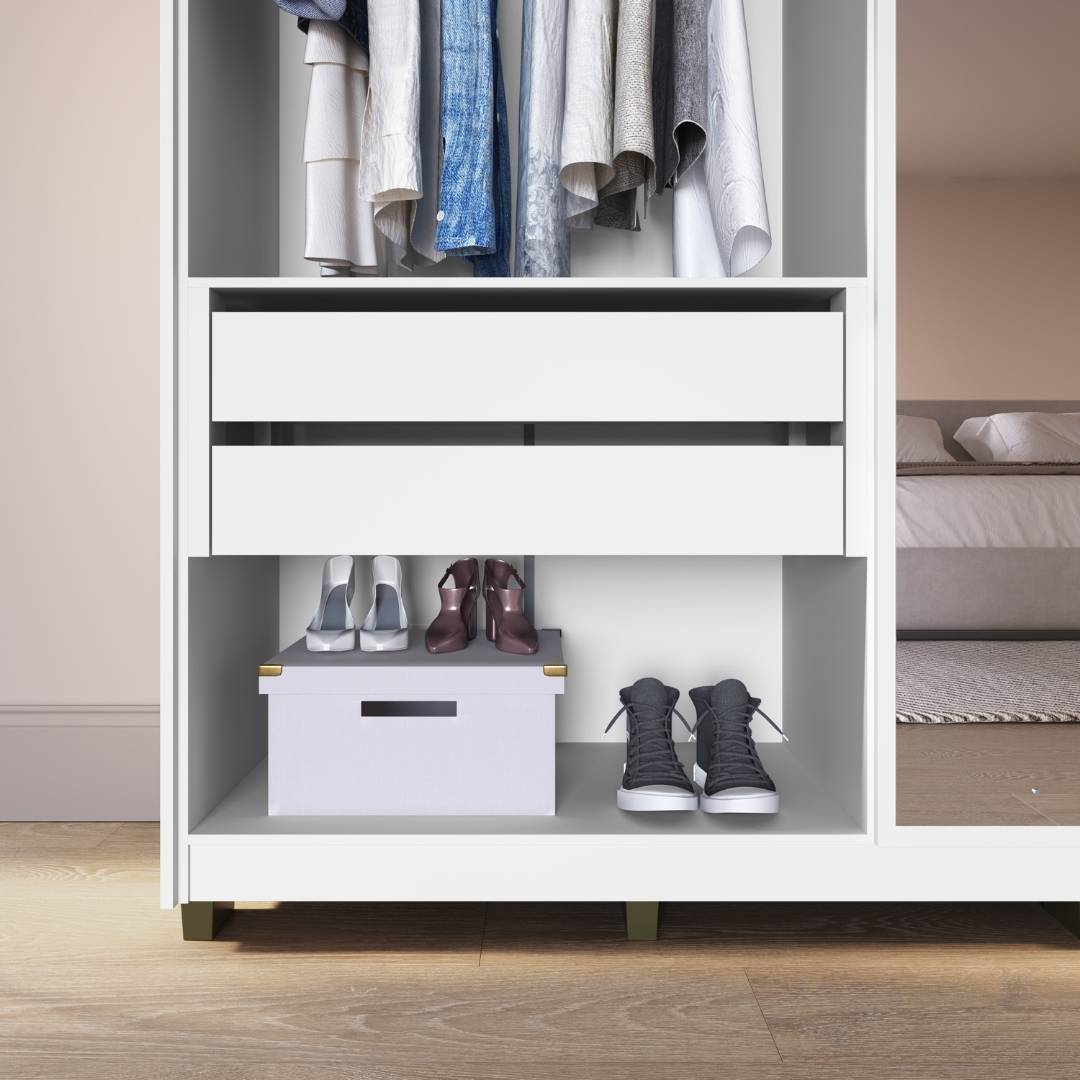 Roupeiro Órion 168cm 4 Portas 2 Gavetas Mdf Branco / Branco  C/ Espelho 522