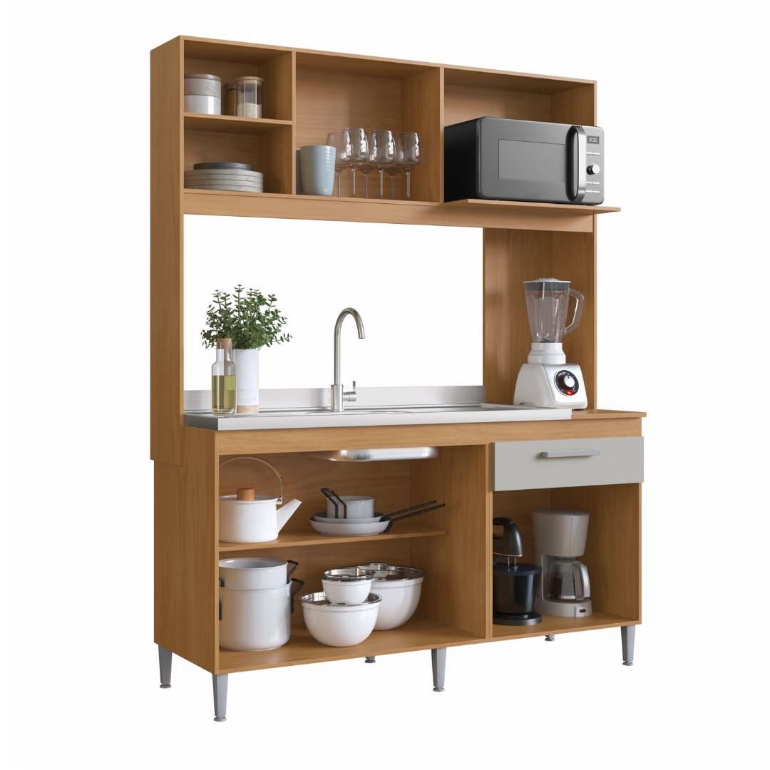 Cozinha Compacta Mali 151,5cm 4 Portas 1 Gaveta Mdp Nature / Off White S/tampo C/ Nicho P/ Micro-ondas 184