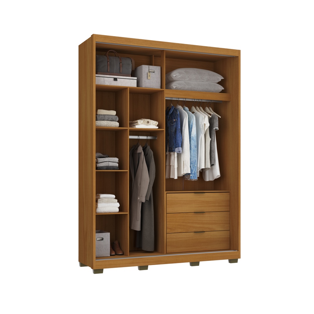 Roupeiro Sírus 170cm 2 Portas 3 Gavetas Mdf Nature / Nature / Champanhe  C/ Grafiatto S/ Espelho 527