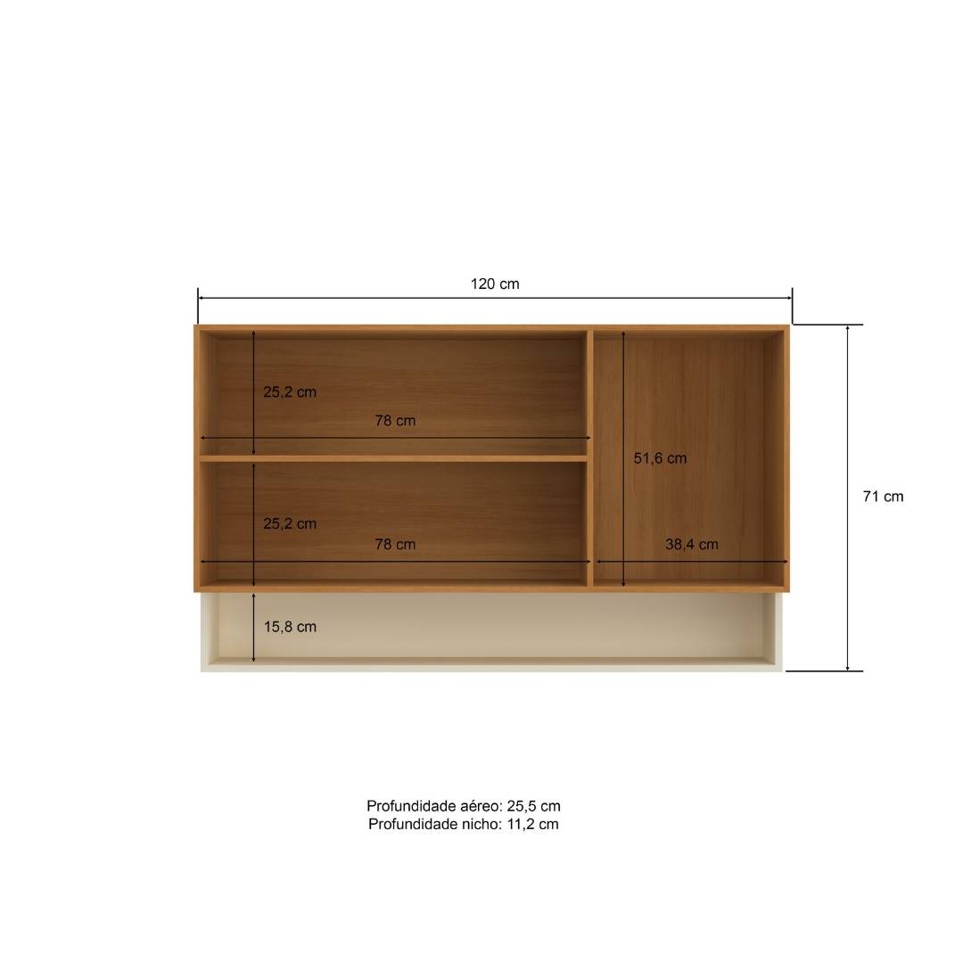 Armário Aéreo Alto 120cm 1 Porta Basculante Vidro Reflecta Mdf Nature / Champanhe C/ Nicho Externo Linha Ibiza 4319