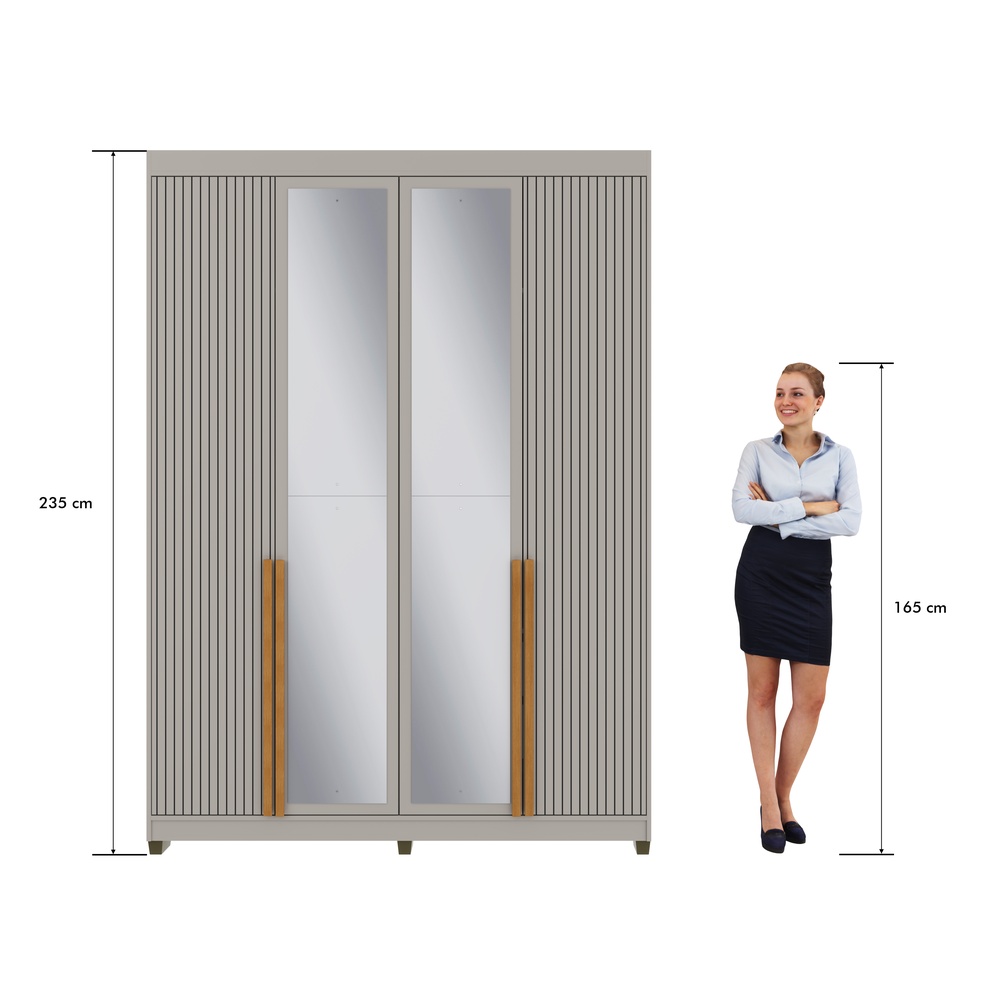Roupeiro Newton 168cm 4 Portas 2 Gavetas Mdf Cinza / Cinza C/ Espelho 524