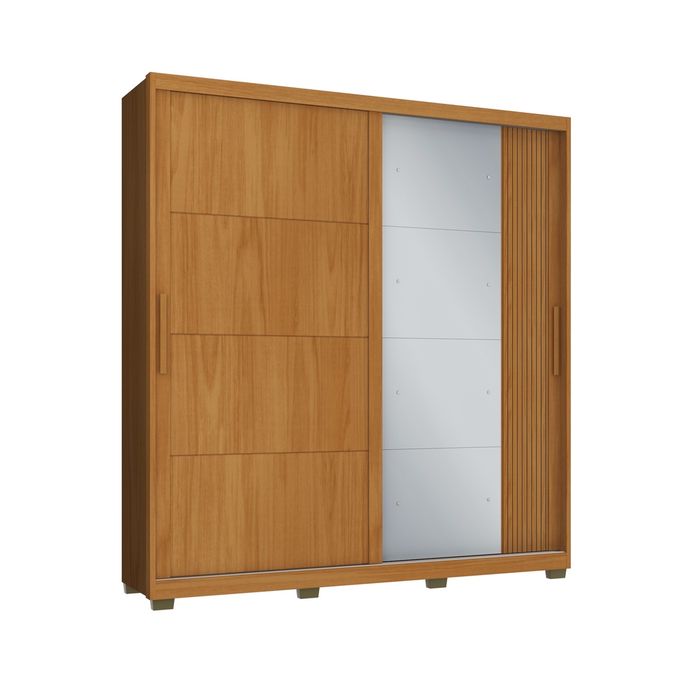 Roupeiro Lúmen 220cm 2 Portas 4 Gavetas Mdf Nature / Nature / Champanhe  C/ Grafiatto C/ Espelho 526